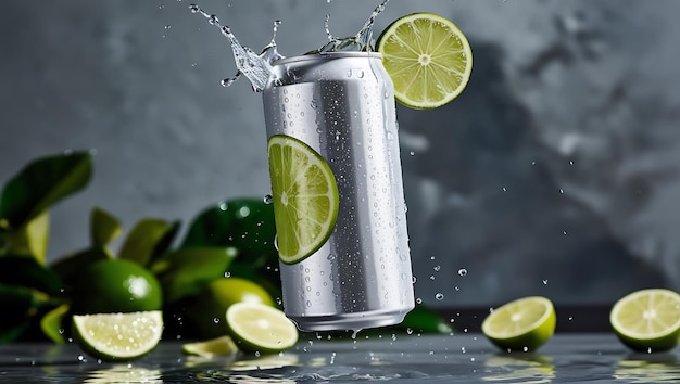 una lata de refresco con limas y limas en el fondo