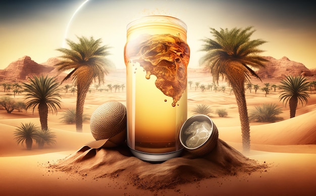 lata de refresco en medio del desierto, anuncios de bebidas de oasis