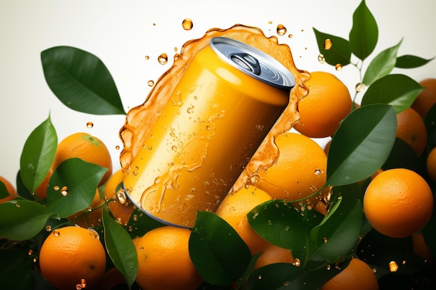 Lata de refresco de naranja desciende rodeada de hojas de naranjas frescas y rodajas voladoras