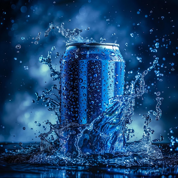 una lata de refresco que dice que el refresco está cayendo en el agua