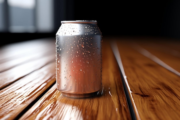 Foto lata de refresco reluciente sobre una mesa de madera besada por delicadas gotas de agua