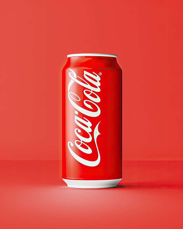 una lata roja de coca cola está en un fondo rojo