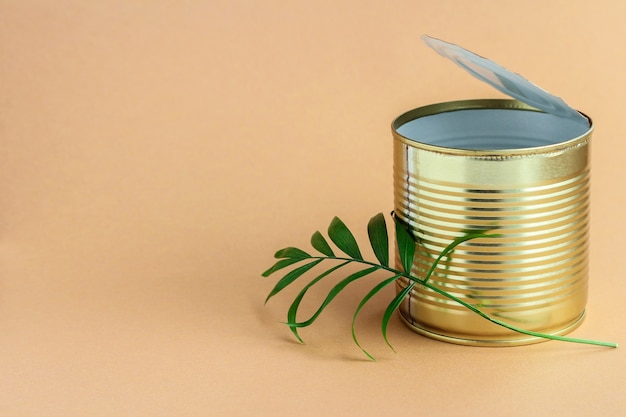 Foto una lata vacía sobre un fondo marrón y una hoja verde de una planta junto a ella. concepto de protección del medio ambiente contra la contaminación, la ecología