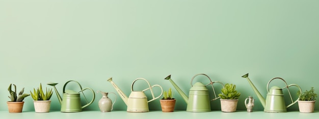 Latas de agua con plantas en una fila