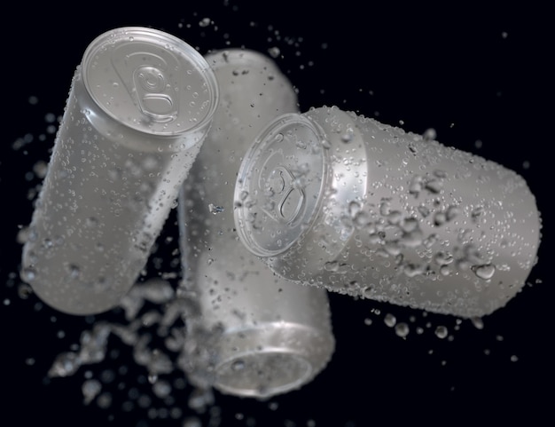Foto latas de aluminio 250 ml 330 ml 500 ml con gotas de agua y salpicaduras
