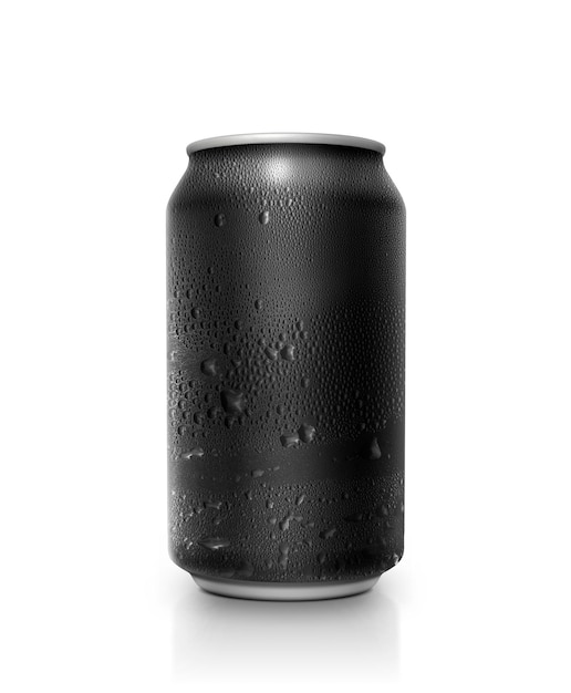 Latas de aluminio negro con gotas de agua sobre un fondo blanco.