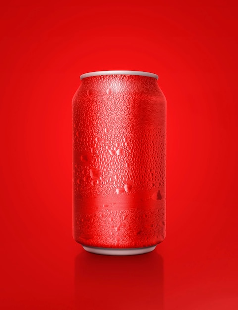 Latas de aluminio rojas con gotas de agua en un fondo rojo