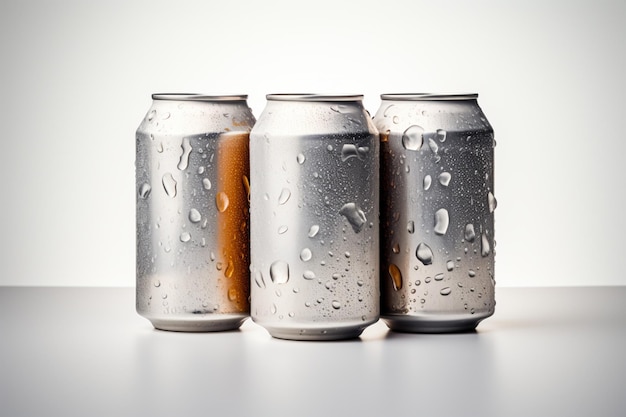 Las latas de cerveza crujientes destacan sobre un fondo blanco limpio
