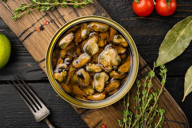 Latas de conservas con mejillones, sobre fondo de mesa de madera negra, vista superior plana