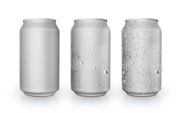 Foto latas de alumínio finas em prata isoladas de latas de fundo branco com gotas de água latas com gotas de água e gelo