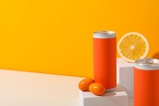 Latas de lata e frutas cítricas em blocos brancos em fundo laranja espaço para texto