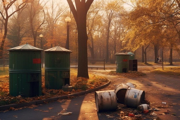 Latas de lixo viradas e lixo espalhado no parque criado com IA generativa