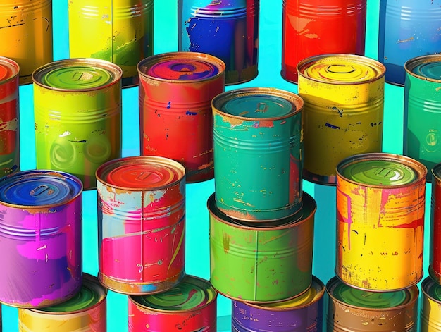 Latas de pintura coloridas com salpicaduras em fundo azul Array vibrante de latas de pintura multicoloridas com salpicos de pintura dispostos contra um fundo azul brilhante mostrando uma diversidade de cores