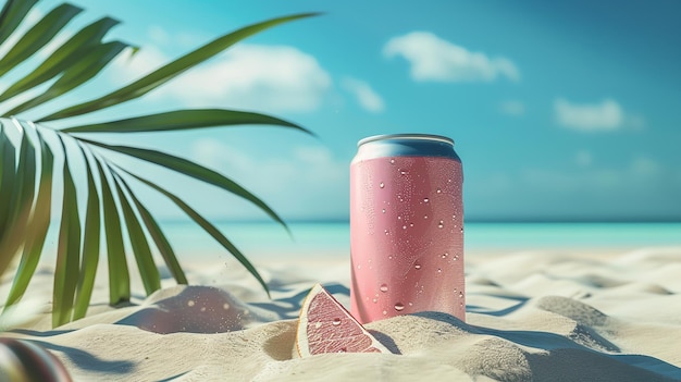 Foto latas de refrigerante 3d na areia da praia com folhas de palmeira e gelo um conceito de refresco de verão e espaço para texto ou produto pêssego verde amarelo e azul tema ia generativa