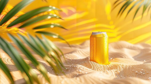 Foto latas de refrigerante 3d na areia da praia com folhas de palmeira e gelo um conceito de refresco de verão e espaço para texto ou produto pêssego verde amarelo e azul tema ia generativa