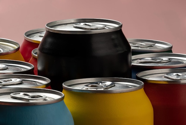 Latas de refrigerante para uso conceitual representando a ingestão de calorias e obesidade com uma lata preta saindo do meio