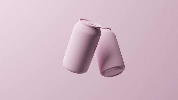 Latas de refrigerante rosa flutuando em uma maquete de renderização 3d de fundo rosa