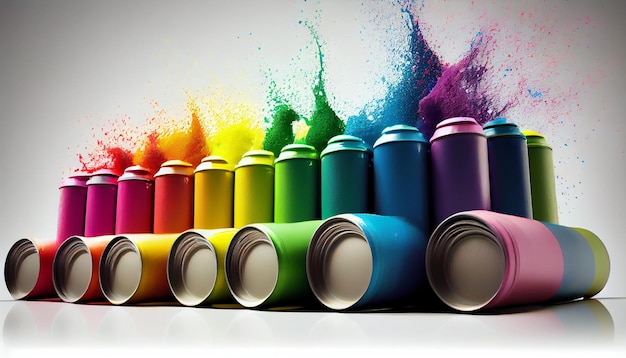 Latas de tinta spray coloridas em backgroundgenerative ai branco