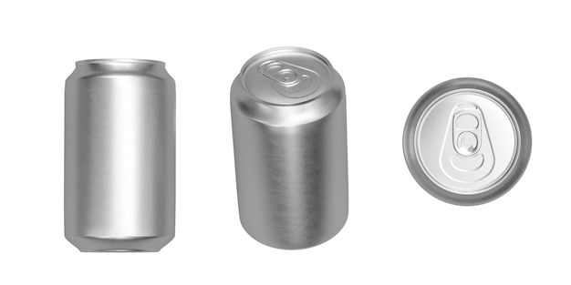 Foto latas finas de alumínio em prata isoladas em fundo branco todas as visualizações renderização em 3d