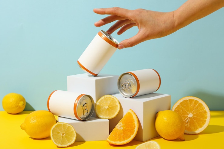 Latas de limones y mano sobre fondo azul.