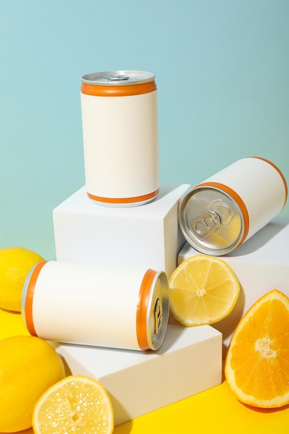 Latas y limones sobre fondo azul.