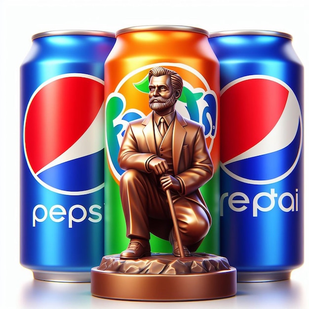 Foto y latas de pepsi cola colocadas cerca de una estatua de un hombre