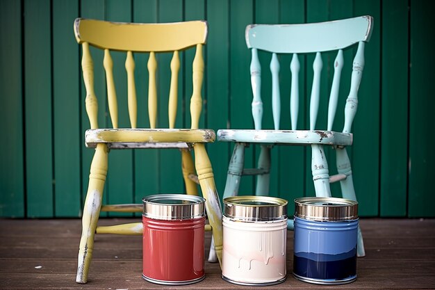 Latas de pintura y pinceles en un área recién pintada