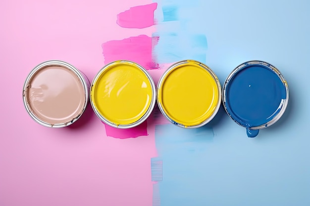 Latas de pintura de varios colores en una vista superior de fondo rosa y azul Ai generativo