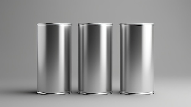 Latas de plata que están sobre un fondo blanco.