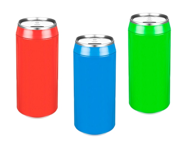 Latas de soda de aluminio azul rojo y verde aisladas