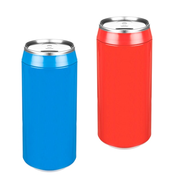 Latas de soda de aluminio azules y rojas aisladas