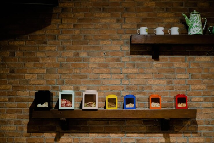 Latas vintage indonesias en estantes en la pared