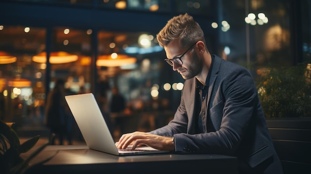 Late-Night-Marketingplan Professioneller Mann, der im Büro auf dem Laptop tippt Generative KI