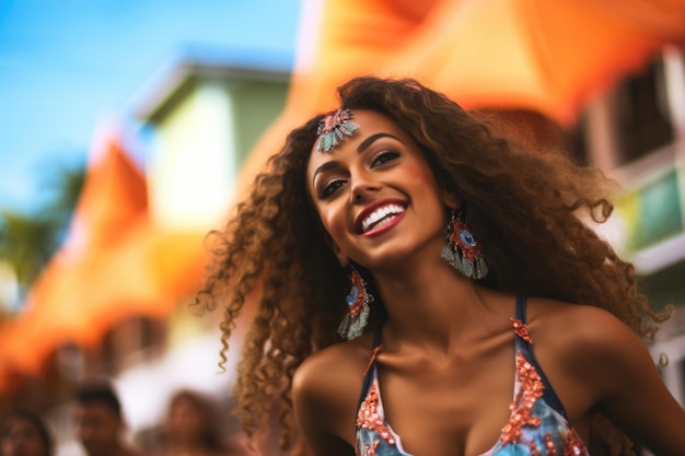 Lateinamerikanerin tanzt während des Karnevals auf der Straße