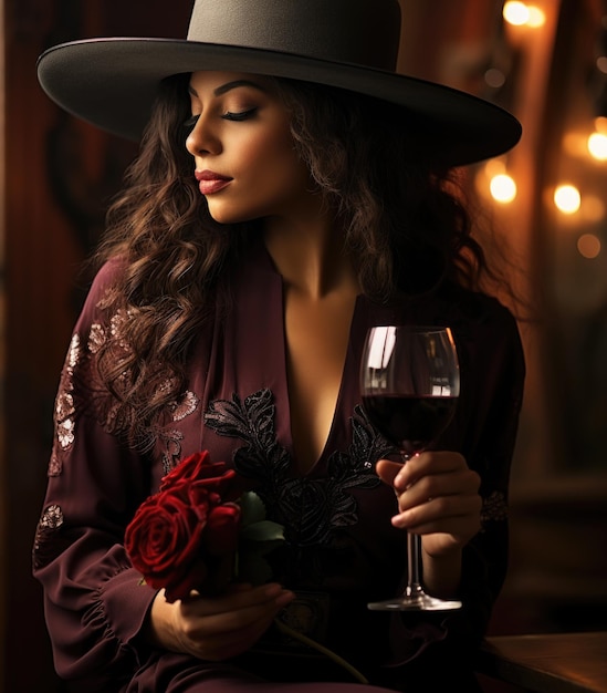 Lateinamerikanische Dame mit einem Glas Wein. Authentische kulturelle Kleidung, ein ausdrucksstarkes Auge, ein wunderschönes Porträt