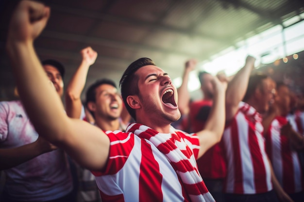 Lateinamerikanische Fußballfans in weißen und roten Trikots feiern ein Tor in einem Stadion