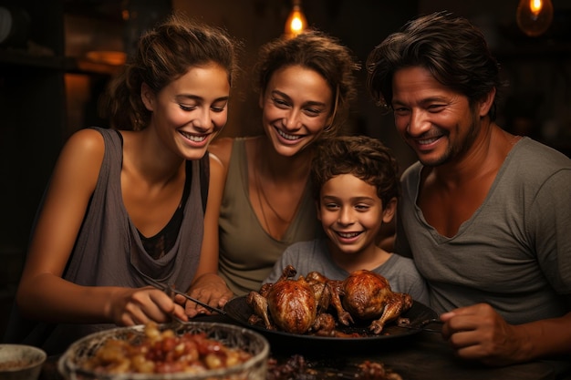 Lateinische Familie isst zur Mittagszeit Hühnchen