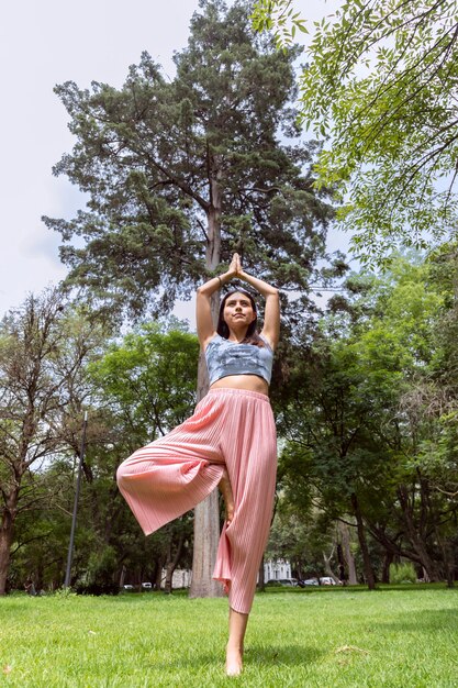 Lateinische Frau macht Yogaasanas mit verschiedenen Körperhaltungen im Outdoor-Park mit Gras und Bäumen im...