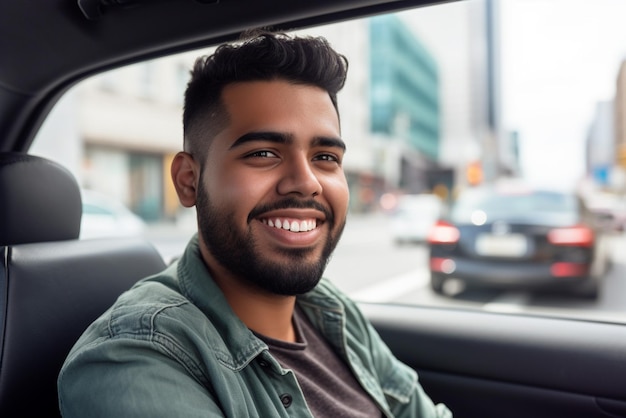 Lateinischer Mann in einem Auto, der aus dem Fenster eines Taxipassagiers schaut