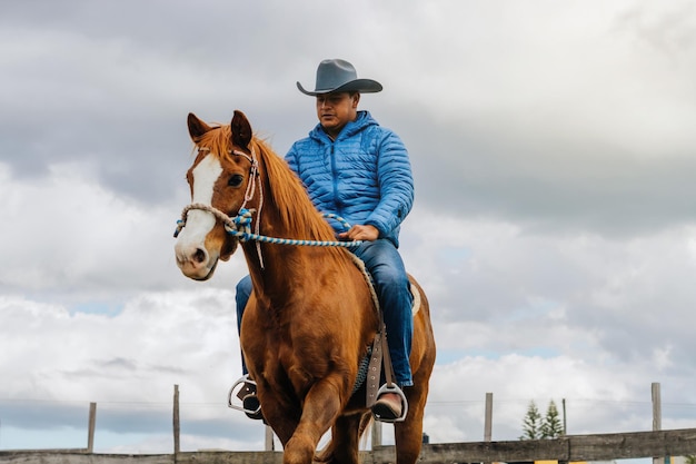 Lateinischer Reiter mit Cowboyhut auf einem Pferd montiert, Kopierraum.