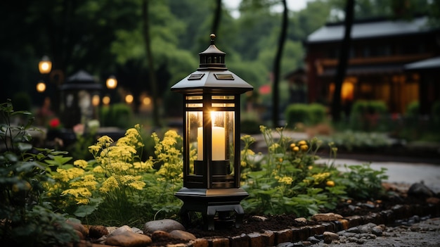 Laterne im Garten bei Nacht. Selektiver Fokus