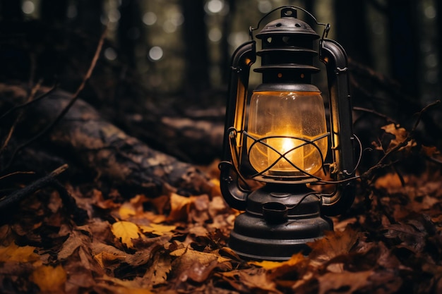 Foto laterne im wald alte lampe im herbstwald