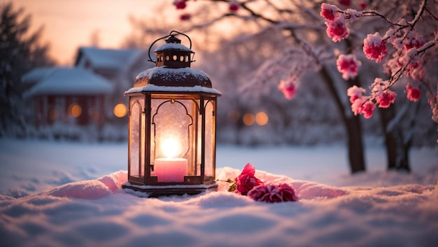 Laterne mit brennender Kerze und Rosenblumen auf dem Schnee im Winter