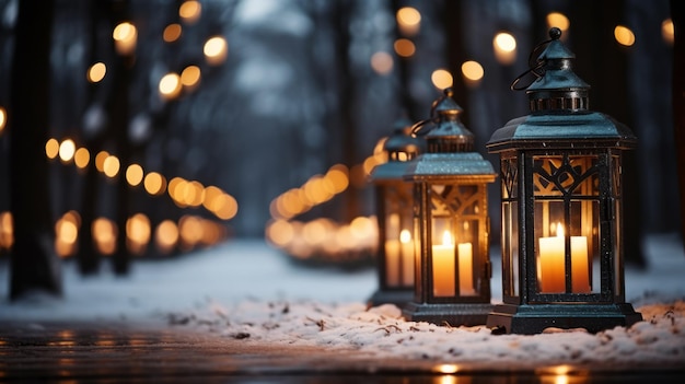 Laterne mit Kerze auf Holztisch mit einem festlichen Weihnachtsfest