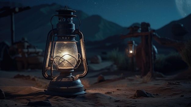 Laterne mitten in der Wüste bei Nacht mit Vollmond im Hintergrund 3D realistisch