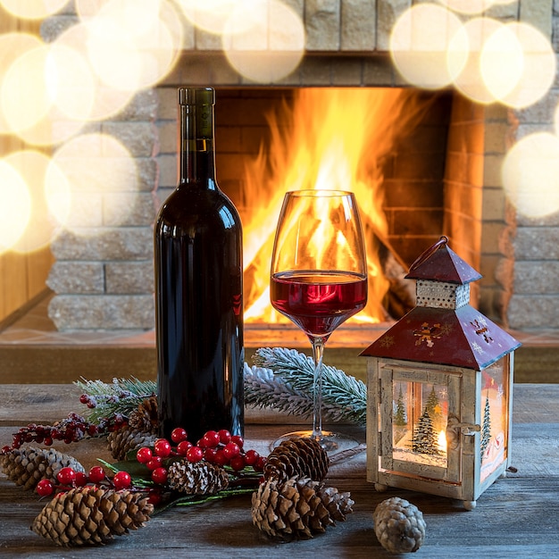 Laterne und Rotwein mit Weihnachtsdekorationen nähern sich gemütlichem Kamin