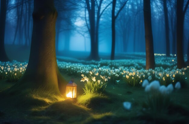 Laternen Kerzen auf dem Gras im dunklen Wald von Walpurgis Nacht