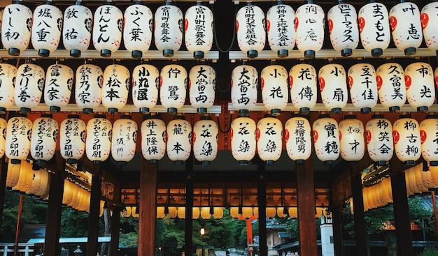 Laternen mit einem Text auf dem Tempel