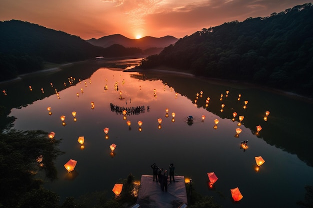 Laternen schwimmen bei Sonnenuntergang auf dem Wasser