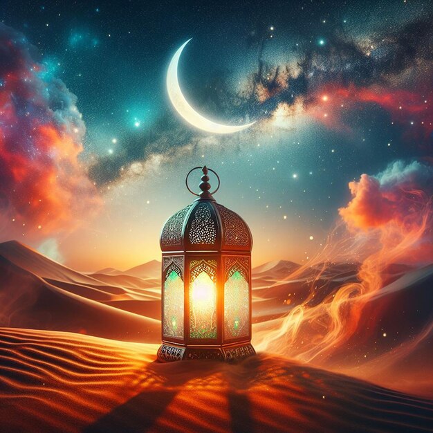 Laternen über der Wüste mit einem Halbmond und einer Galaxie im Hintergrund Ramadan Kareem und Eid al-Fitr KI generiert